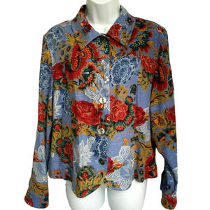Coldwater Creek Jacket Size M Blue Red Rose Floral Linen Rayon Button Down